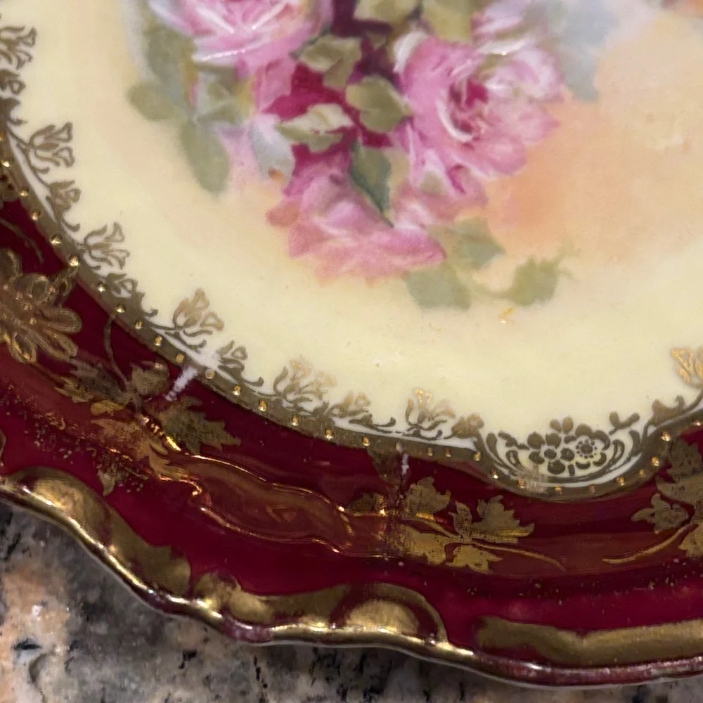 Antique PM Bavaria Hand Painted Porcelain Plate Red Gold Gilt Floral Germany